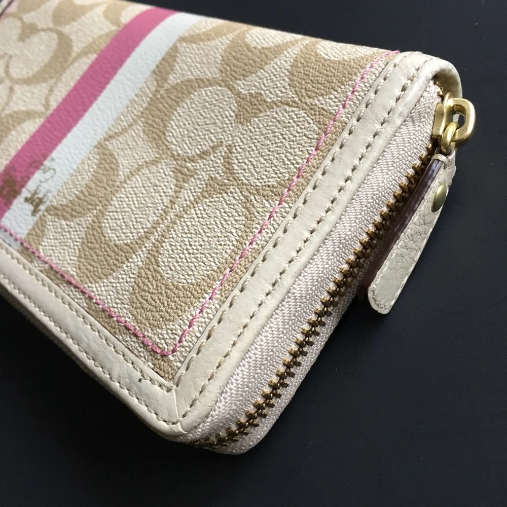 Coach Heritage Accordion Wallet Stripe Signature Tan Pink Monogram Canvas Zip - Picture 5 of 10